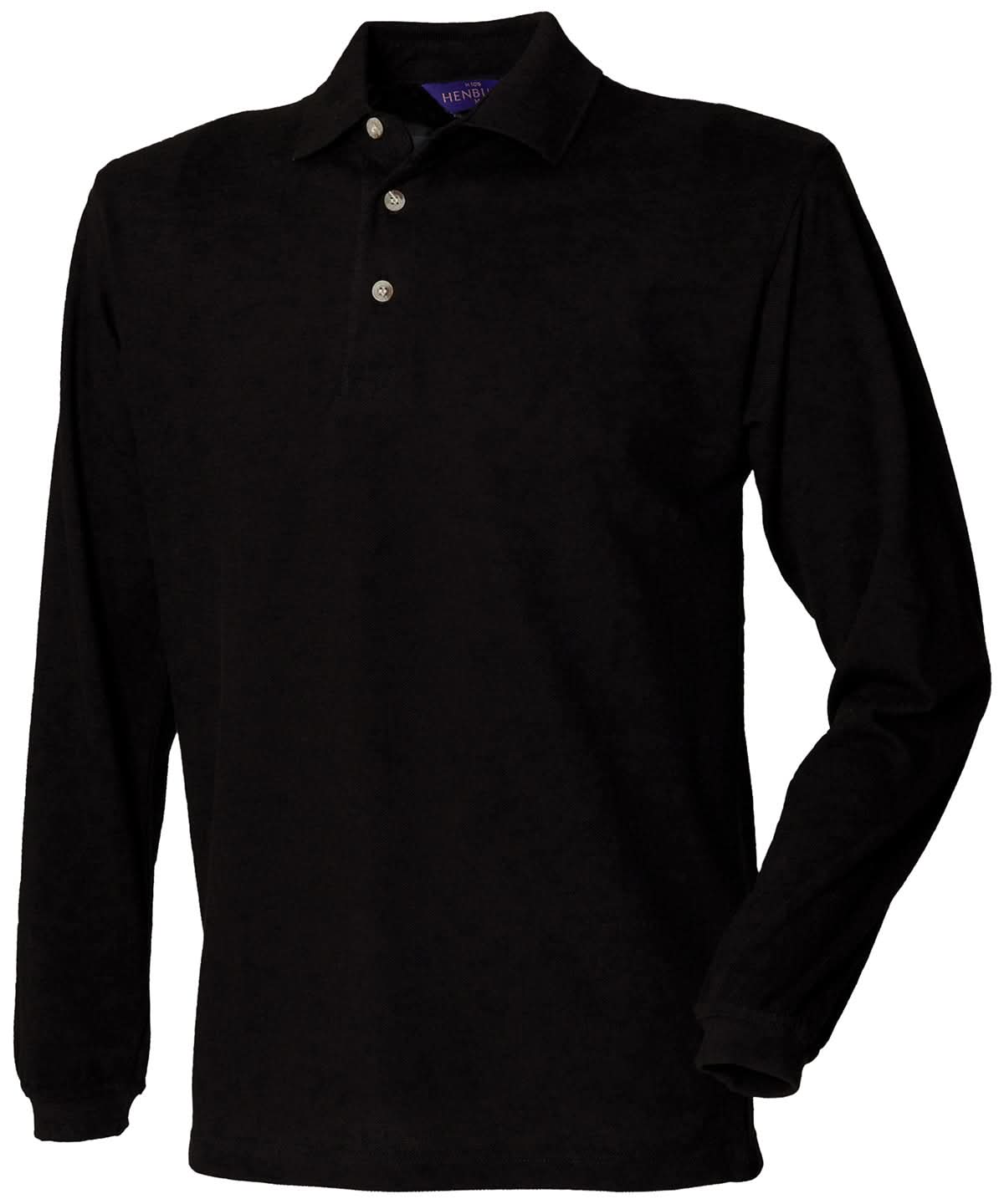 Henbury Long Sleeve Cotton Polo Shirt HB105 - Black - Customisable Polos