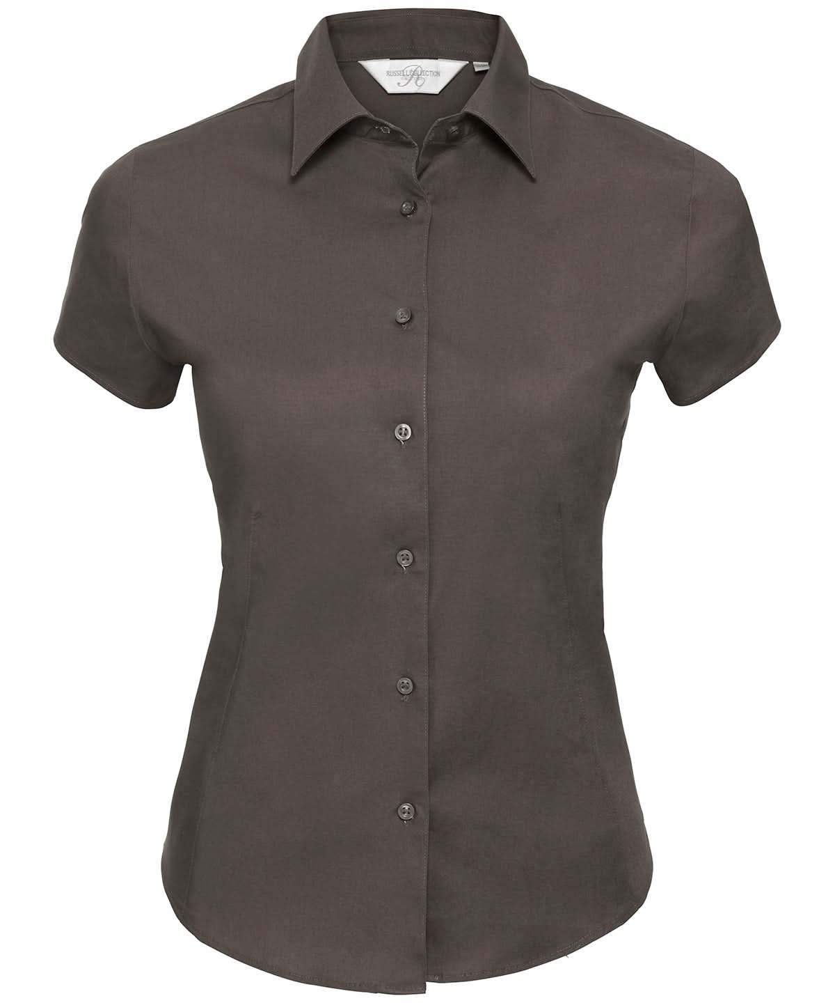 Russell Collection Womens short sleeve easycare fitted stretch shirt J947F - Chocolate - Customisable Shirts