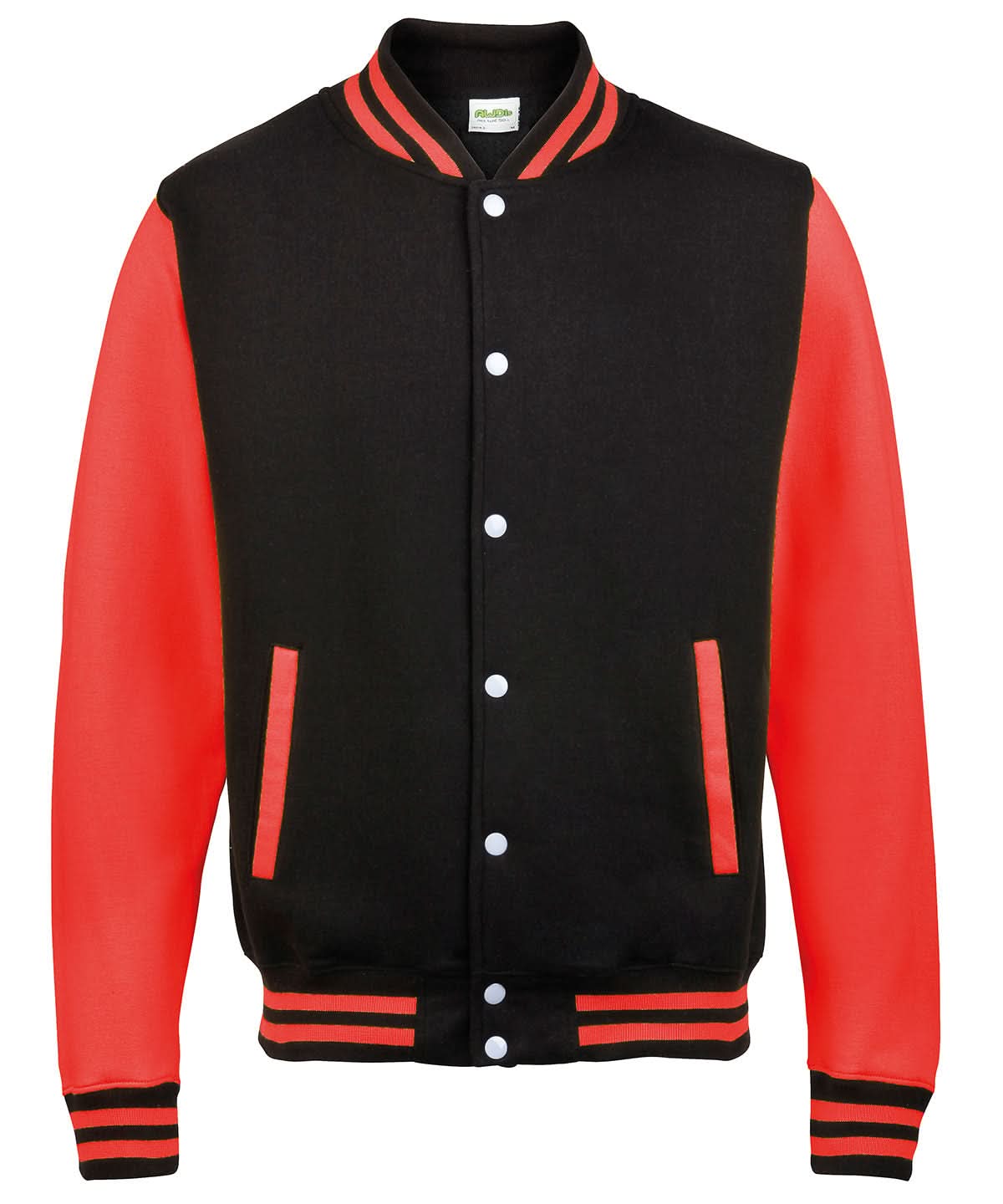 AWDis Just Hoods Varsity jacket JH043 - Jet Black Fire Red - Customisable Jackets