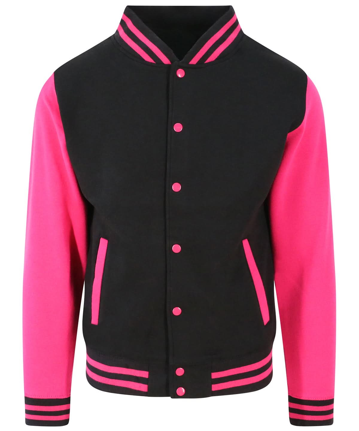 AWDis Just Hoods Varsity jacket JH043 - Jet Black Hot Pink - Customisable Jackets