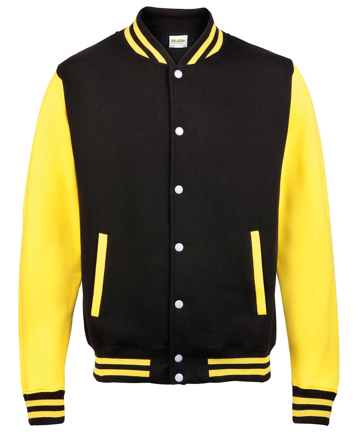 AWDis Just Hoods Varsity jacket JH043 - Jet Black Sun Yellow - Customisable Jackets
