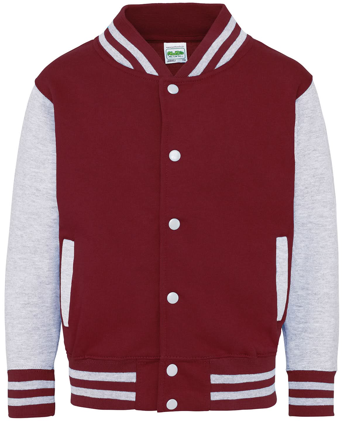 AWDis Just Hoods Kids varsity jacket JH43J - Burgundy Heather Grey - Customisable Jackets