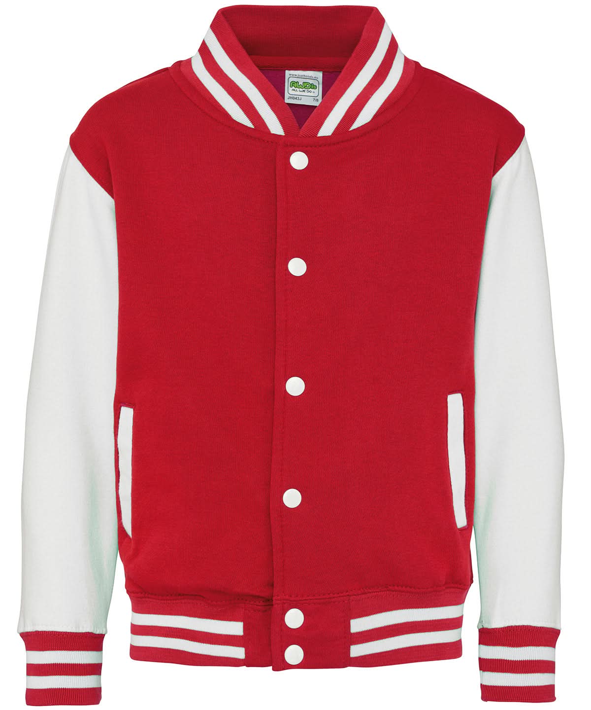 AWDis Just Hoods Kids varsity jacket JH43J - Fire Red White - Customisable Jackets