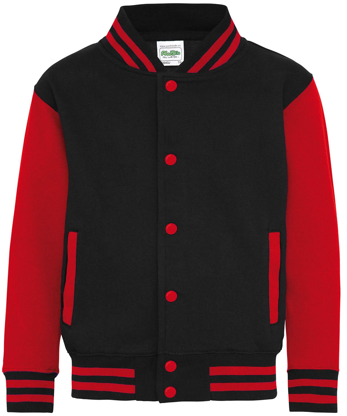 AWDis Just Hoods Kids varsity jacket JH43J - Jet Black Fire Red - Customisable Jackets