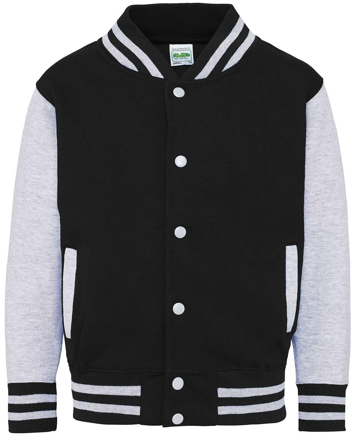 AWDis Just Hoods Kids varsity jacket JH43J - Jet Black Heather Grey - Customisable Jackets