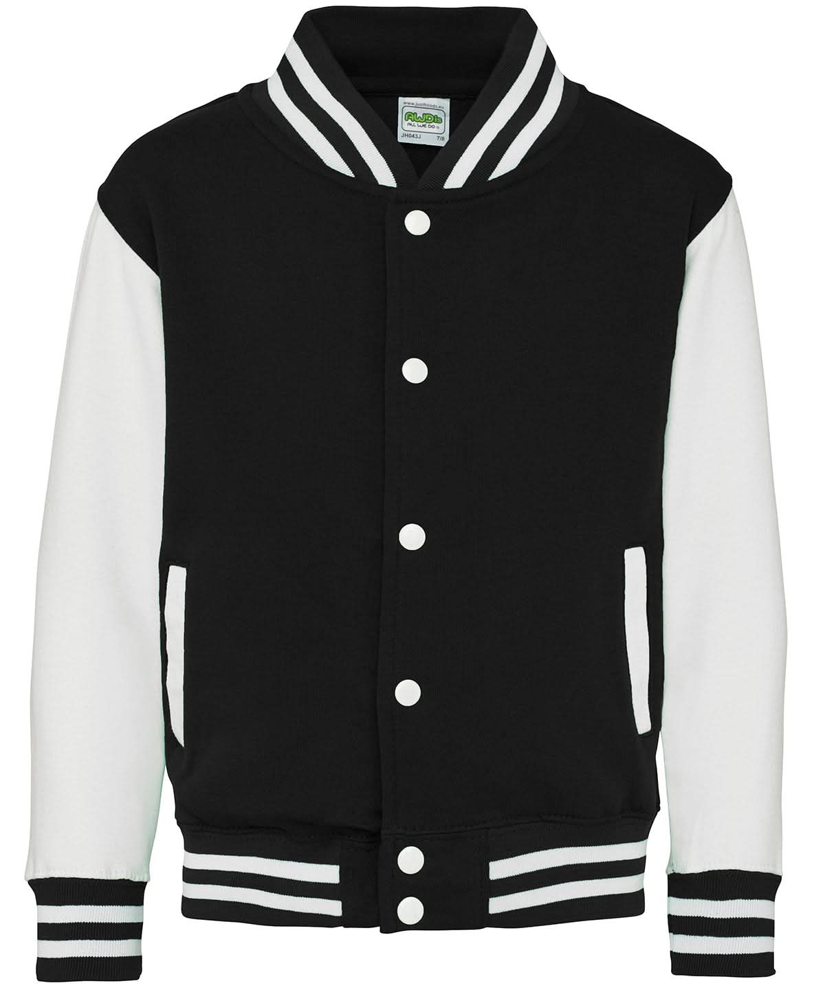 AWDis Just Hoods Kids varsity jacket JH43J - Jet Black White - Customisable Jackets