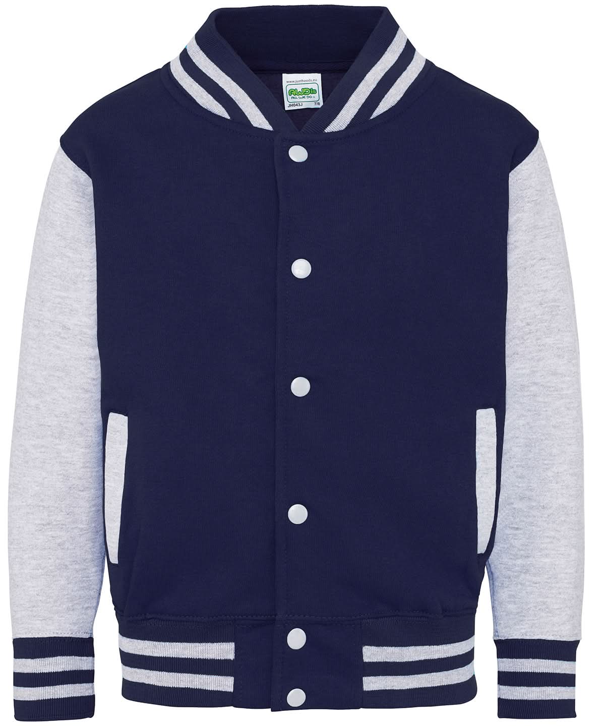 AWDis Just Hoods Kids varsity jacket JH43J - Oxford Navy Heather Grey - Customisable Jackets