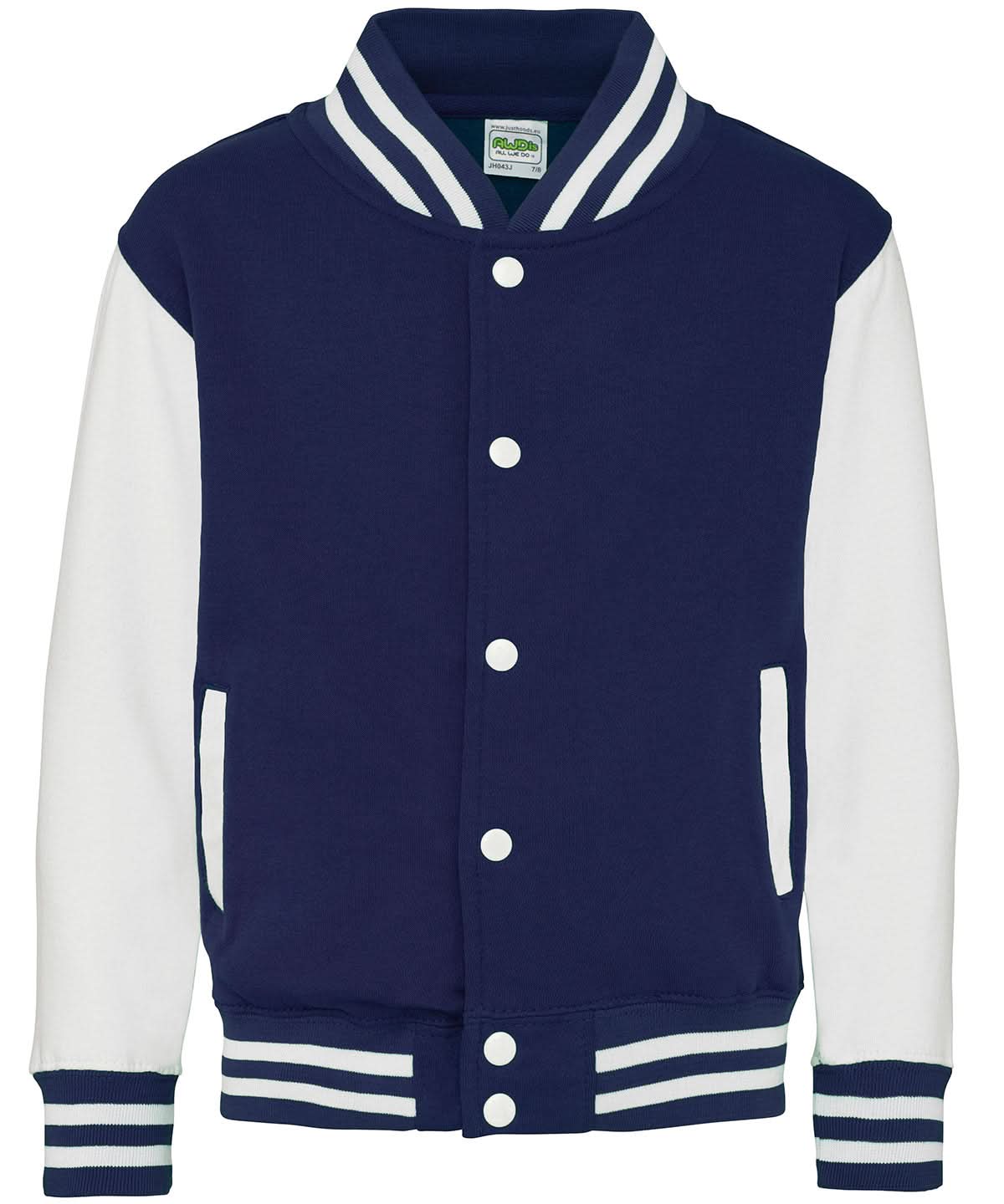 AWDis Just Hoods Kids varsity jacket JH43J - Oxford Navy White - Customisable Jackets