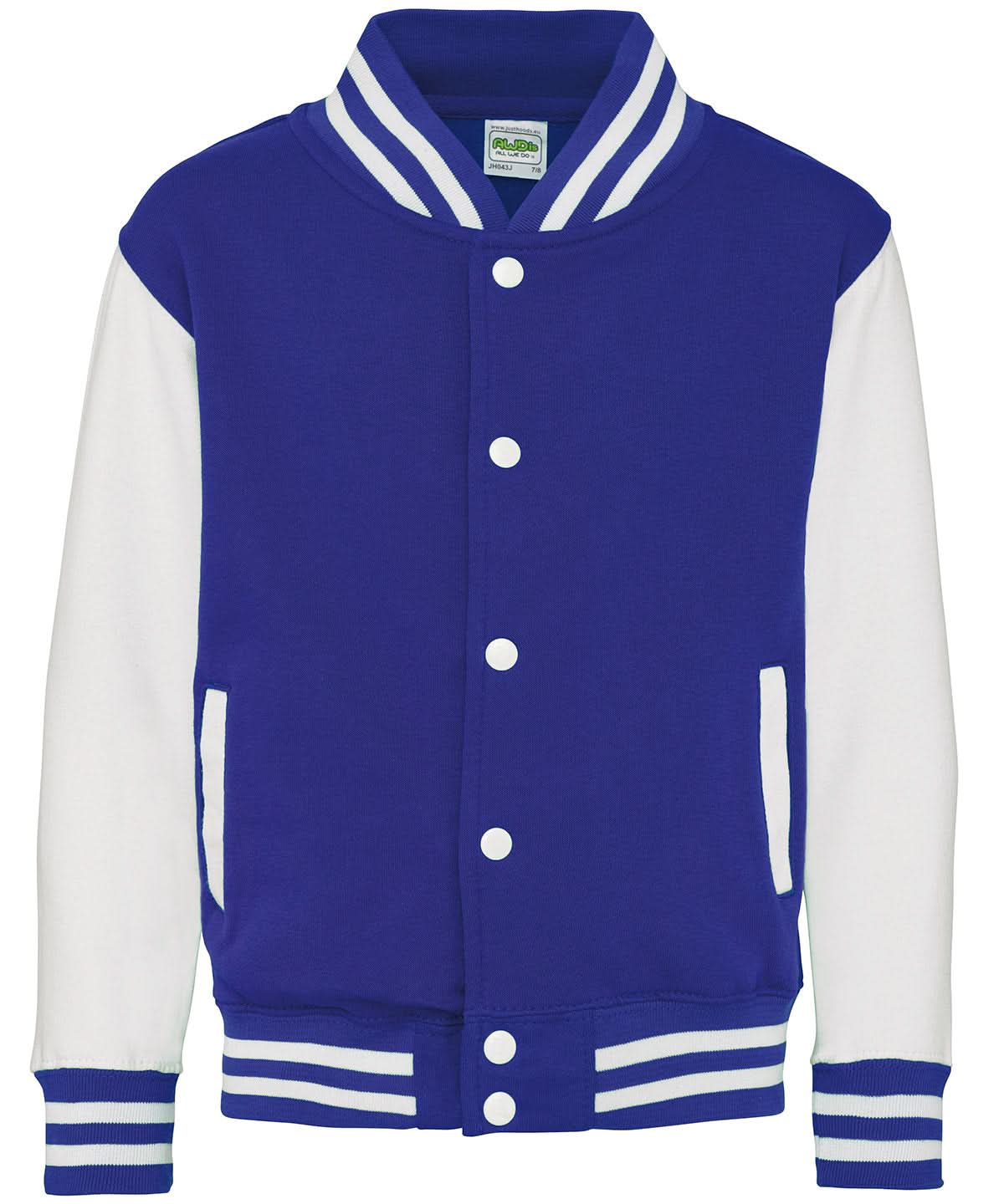 AWDis Just Hoods Kids varsity jacket JH43J - Royal Blue White - Customisable Jackets