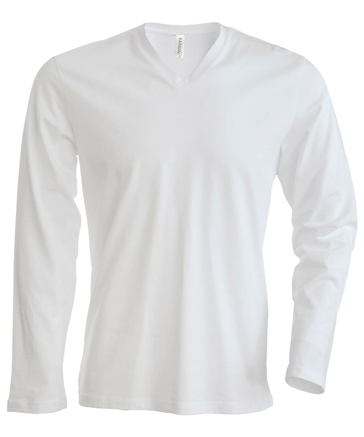Kariban Mens long sleeved V neck T shirt KB358 - White - Customisable T-Shirts