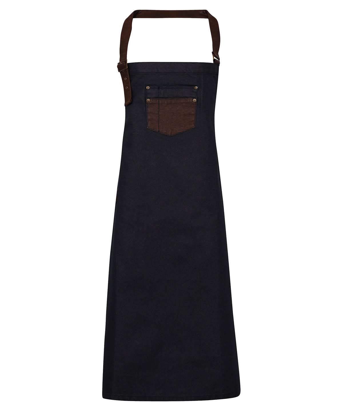 Premier Division waxed look denim bib apron with faux leather PR136 - Indigo Brown Denim One size - Customisable Apron