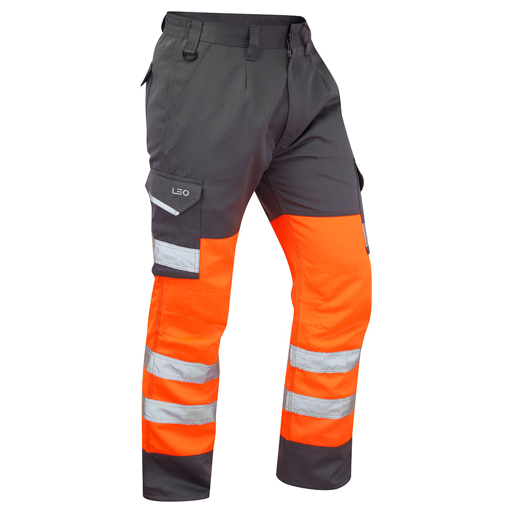 Leo Bideford EcoViz Hi-Vis Cargo Trousers CT01 - Hv Orange Grey - Customisable Hi Vis Trousers