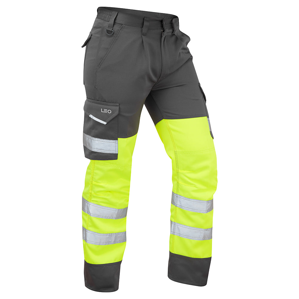 Leo Workwear Bideford EcoViz Yellow/ Grey Cargo Trouser CT01 - HV YELLOW GREY - Customisable Hi-Vis Shorts & Trousers