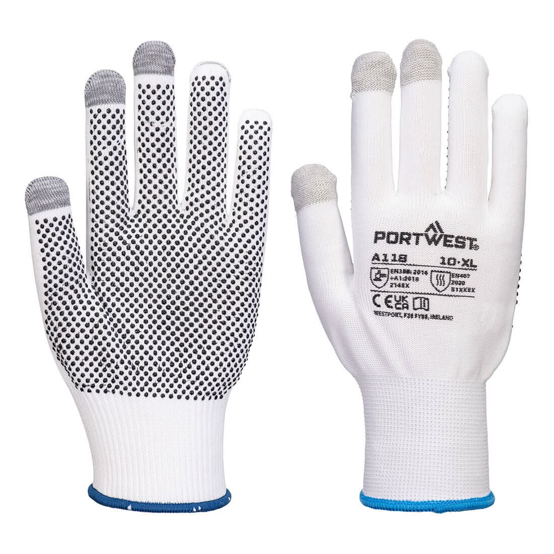 Portwest Grip 13 Pvc Dotted Touchscreen Glove Pk12 A118 - White Grey - Customisable Hand Protection
