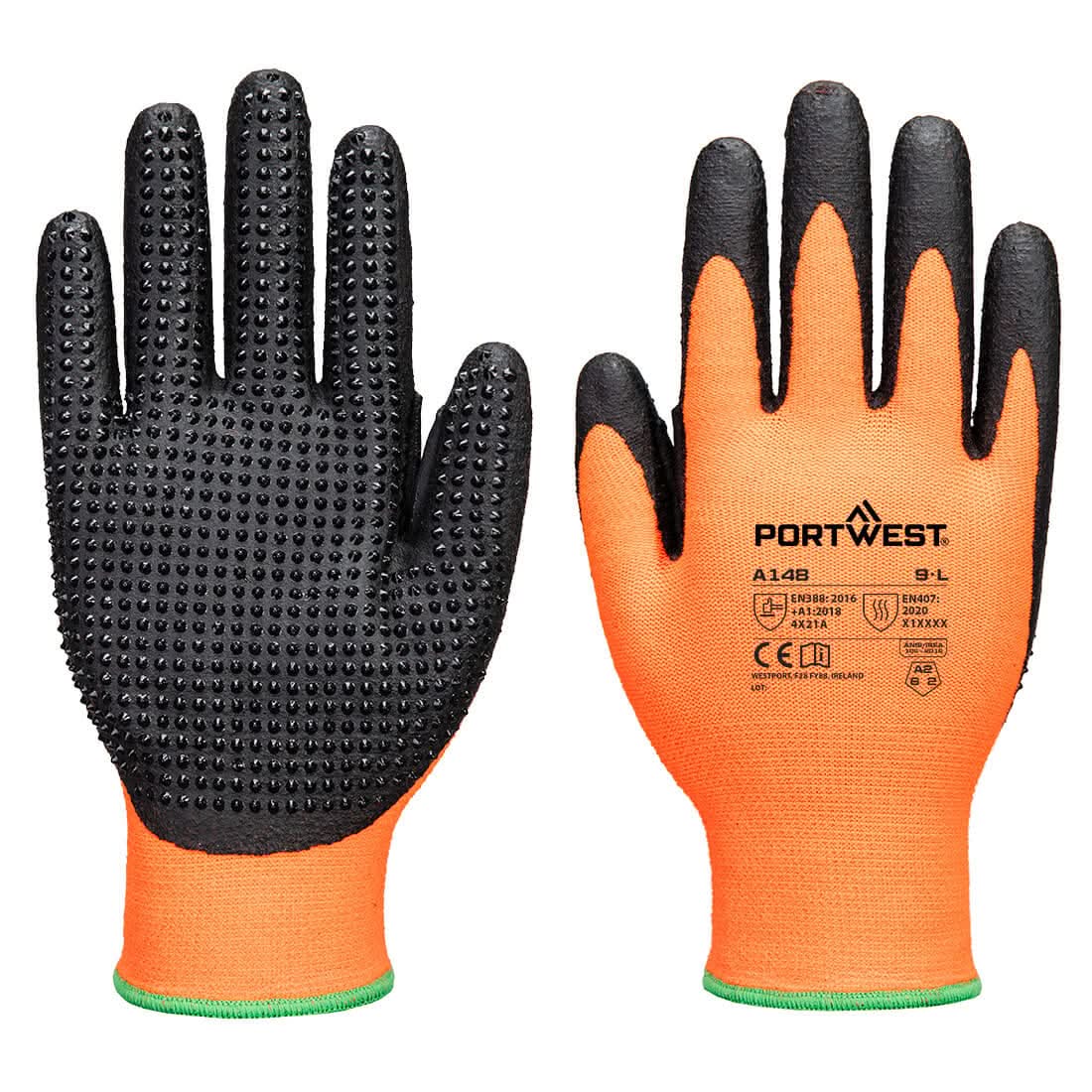 Portwest Grip 13 Nitrile High Dotted Glove A148 - Orange Black - Customisable Hand Protection
