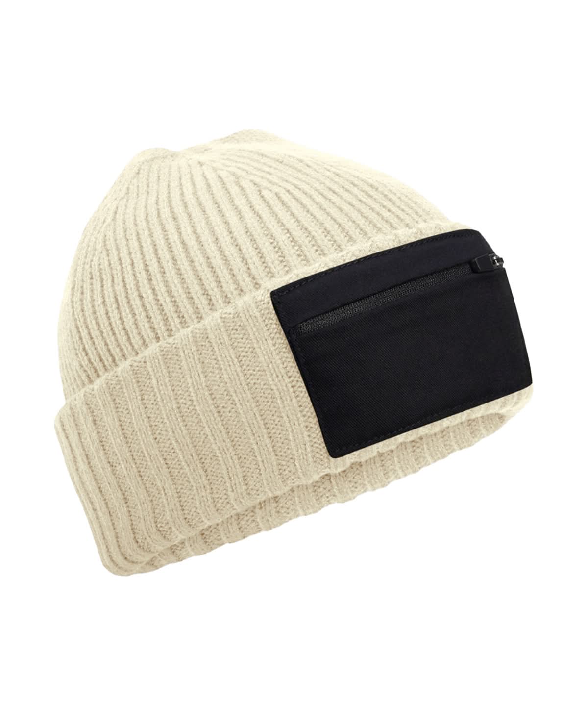Beechfield Zip patch beanie B334R - Sand Black One size - Customisable Beanies