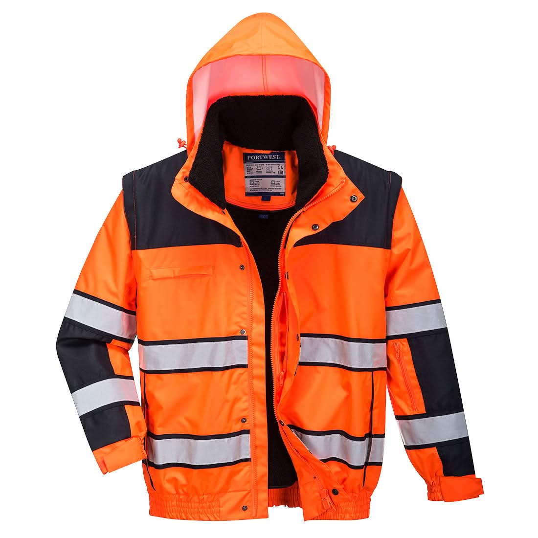 Portwest Hi Vis 3 In 1 Contrast Winter Bomber Jacket C466 - Orange Black - Customisable Jackets