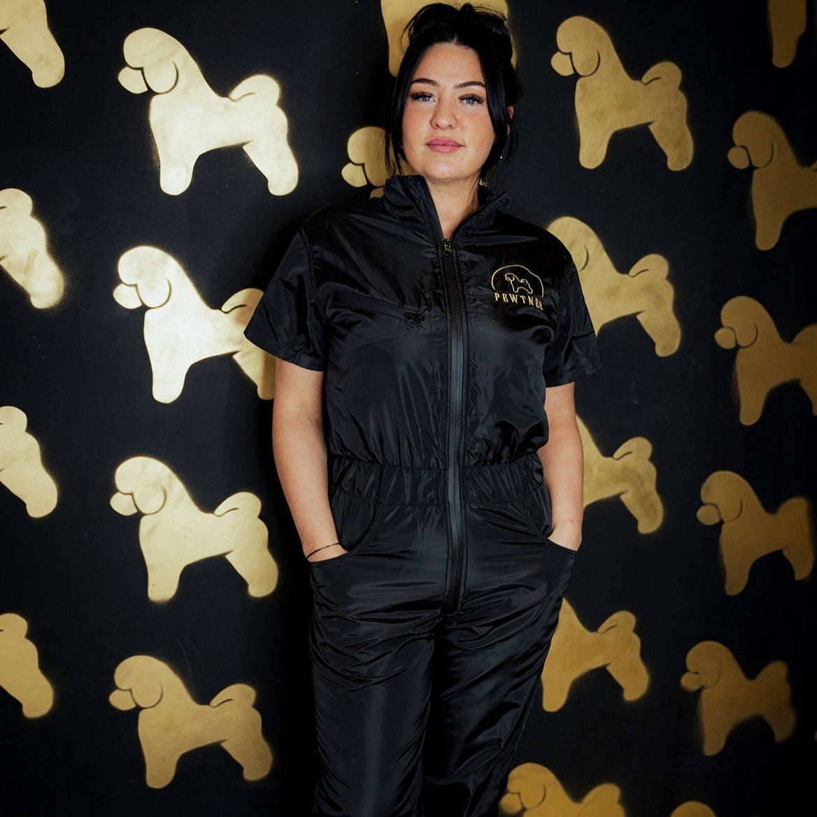 Pewtsuit for Woman - Dog Grooming Jumpsuit/ Overall (Long Sleeve) - Black - Customisable Workwear
