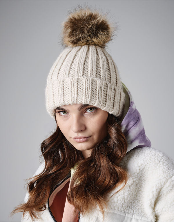 Beechfield Fur Pop Pom Chunky Beanie B412 - Black O S - Customisable Beanies