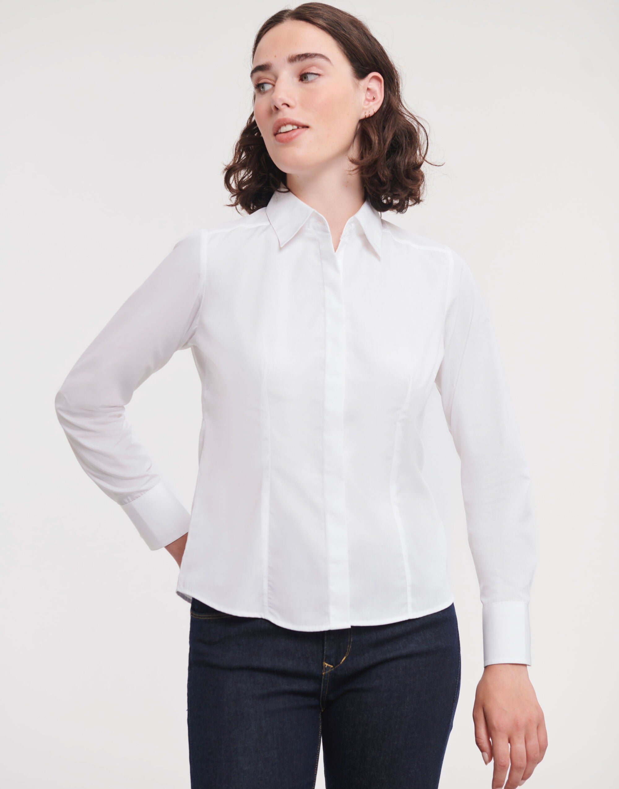 Russell Collection Lady LS Fitted Poplin 924F - White - Customisable Shirts