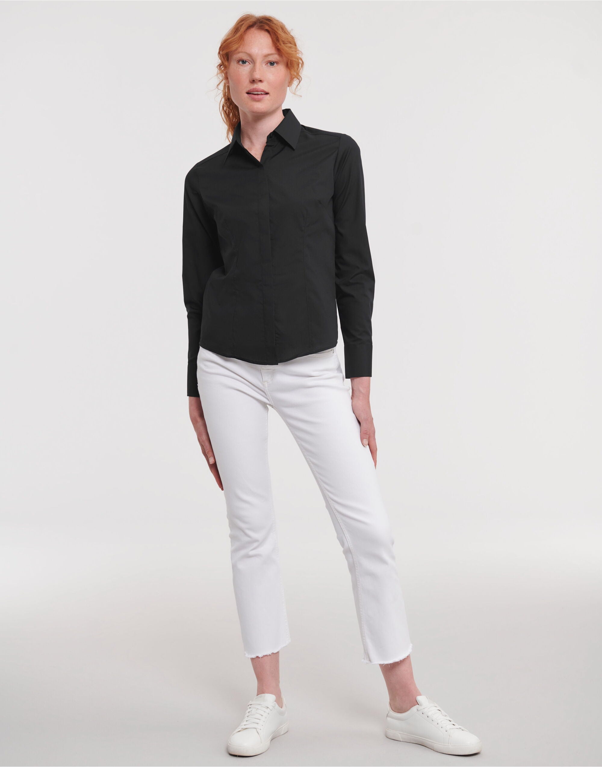 Russell Collection Lady LS Fitted Poplin 924F - Black - Customisable Shirts