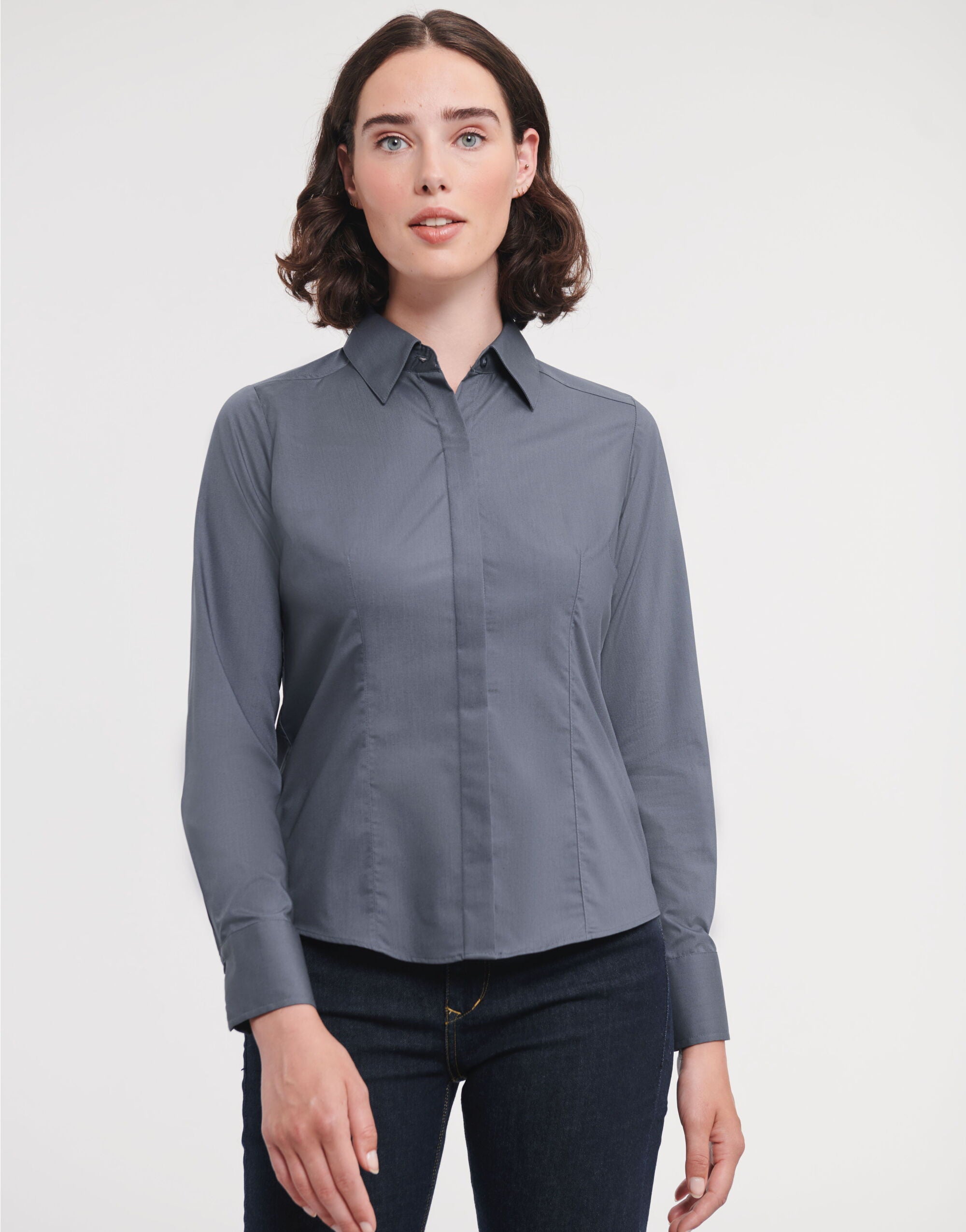 Russell Collection Lady LS Fitted Poplin 924F - Convoy Grey - Customisable Shirts
