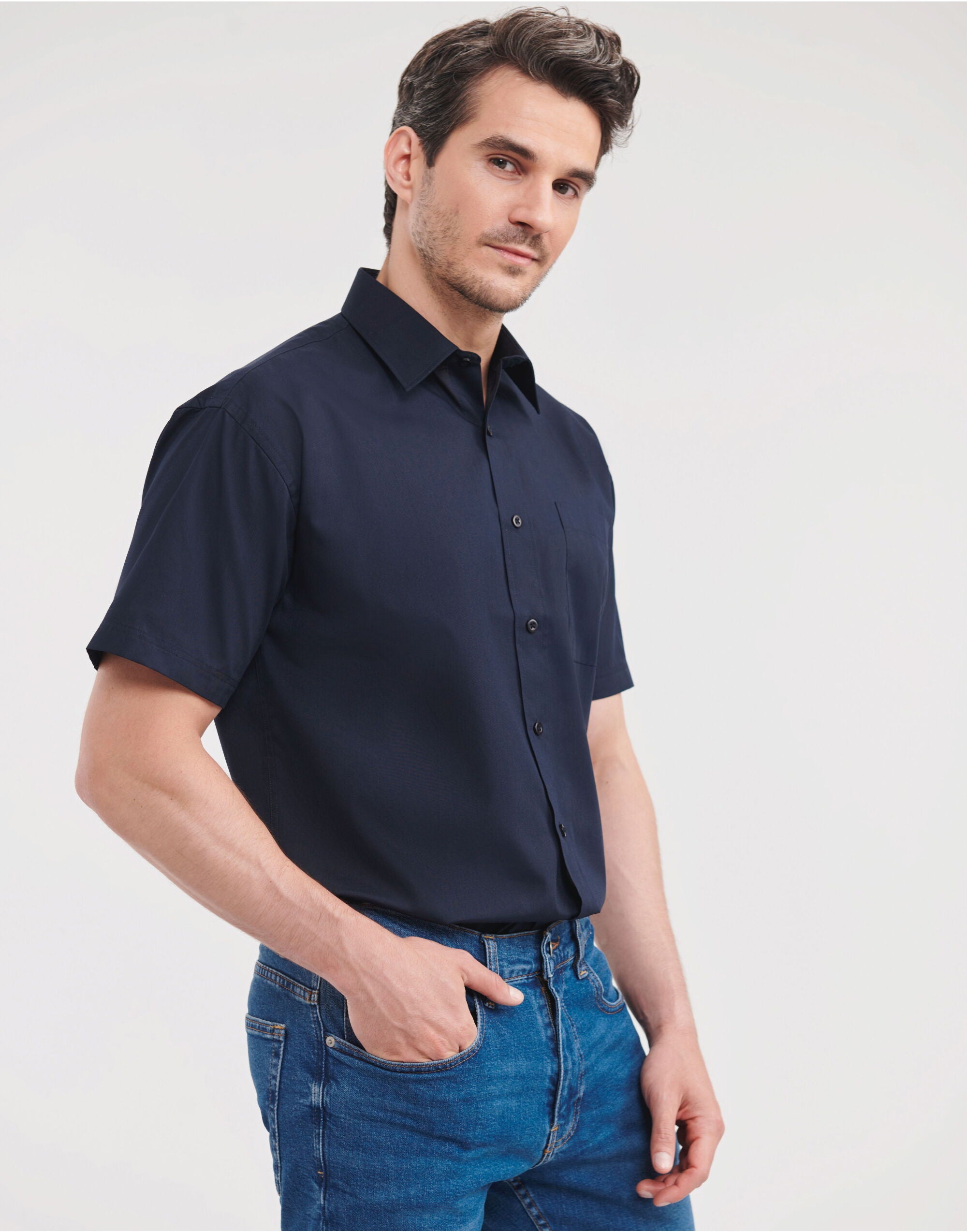 Russell Collection Men SS Classic Poplin 935M - French Navy - Customisable Shirts