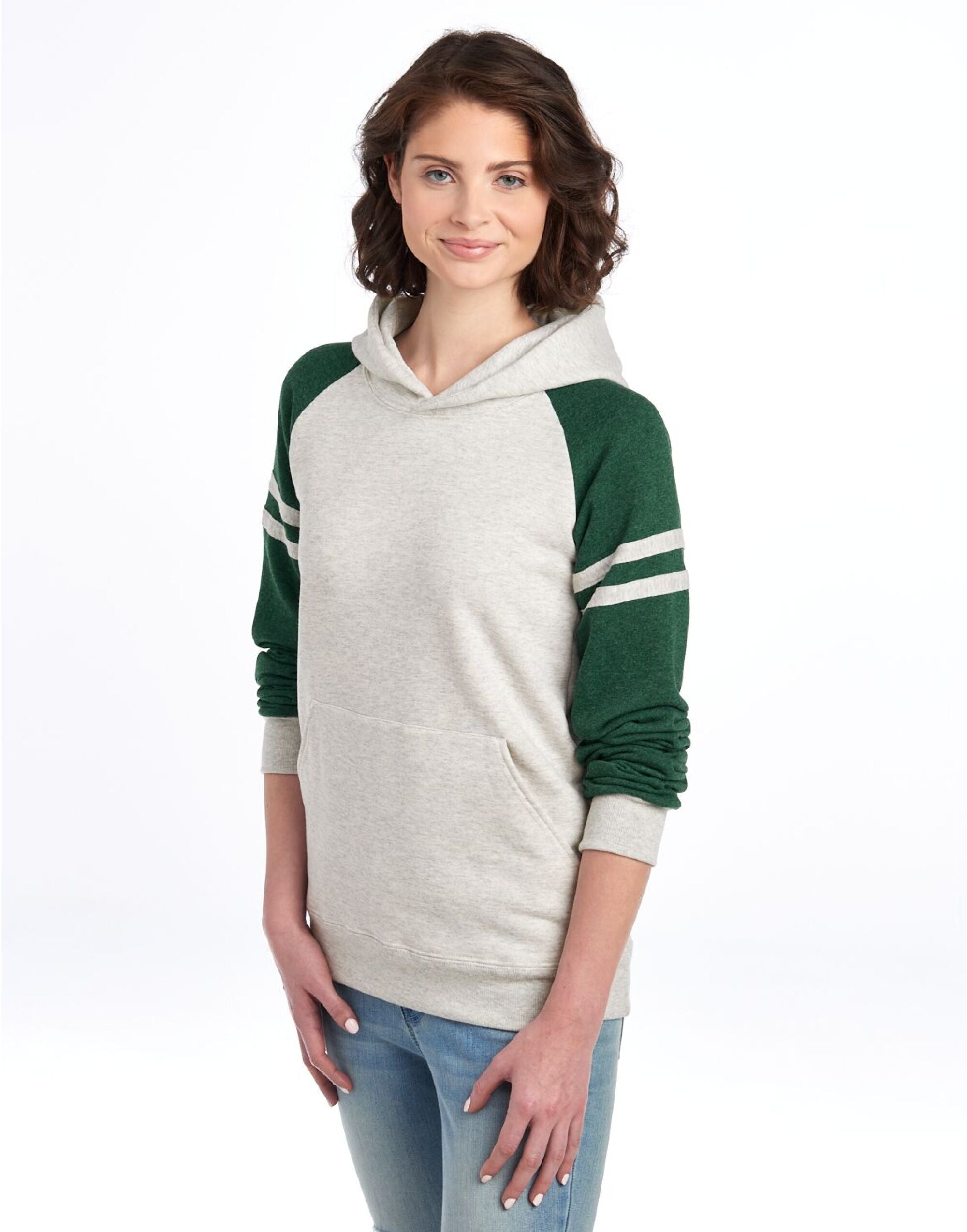 Jerzees NuBlend Varsity Col Block Hood 0S97CR0 - Oatmeal Heather Forest Green Heather - Customisable Sweatshirts