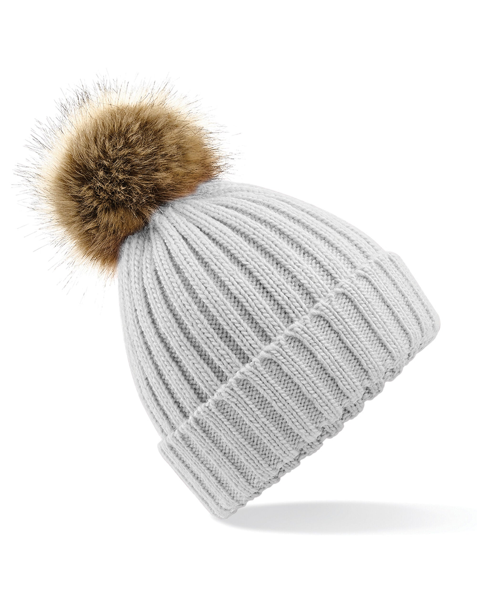 Beechfield Fur Pop Pom Chunky Beanie B412 - Light Grey O S - Customisable Beanies