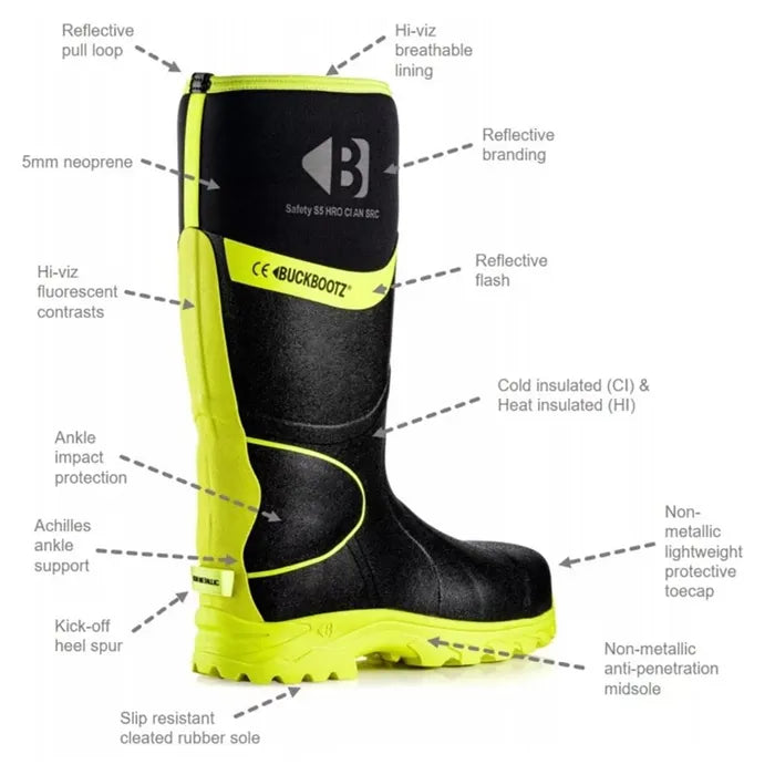 Buckbootz S5 - Blue/Yellow - 360 High Visibility Neoprene/Rubber Safety Wellington Boot with Ankle Protection - BBZ8000 - - Customisable Wellingtons