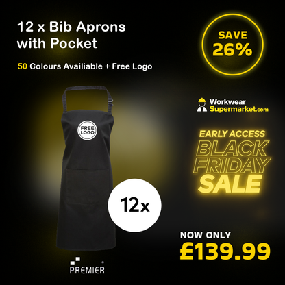 12 x Popular Bib Aprons with Pocket + Free Logo - - Customisable Bundle