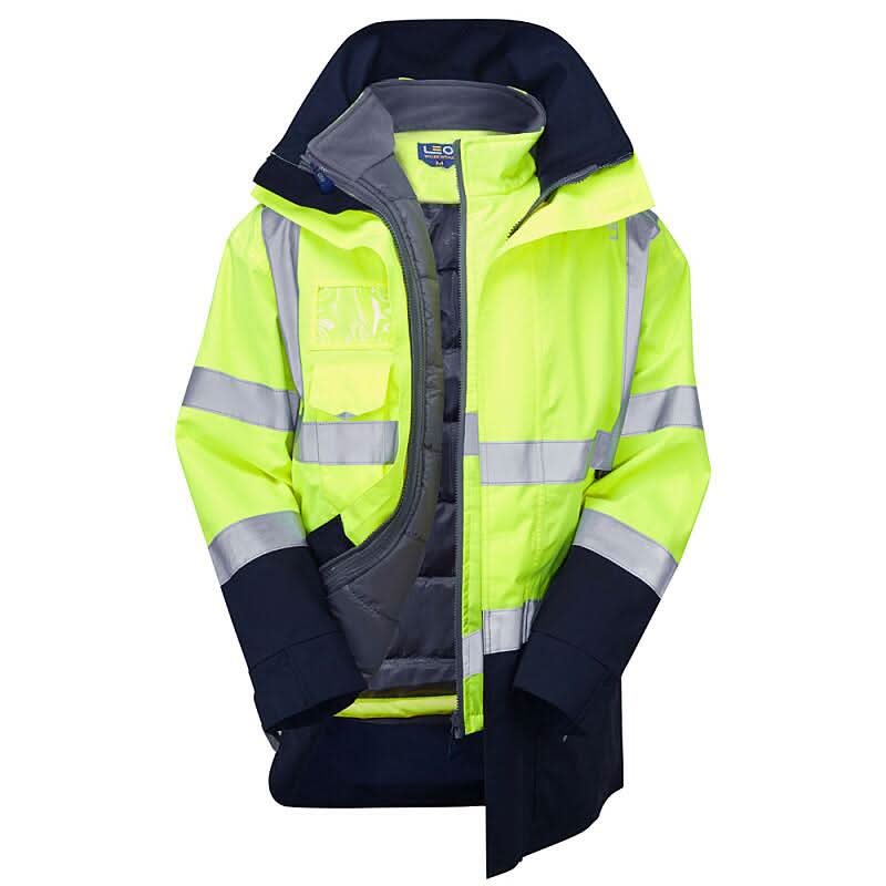 Leo 3 in 1 CLOVELLY Anorak CI3 with TORRINGTON Bodywarmer Cl2 A04/BW01 - Yellow Navy - Customisable Hi-Vis Bodywarmers