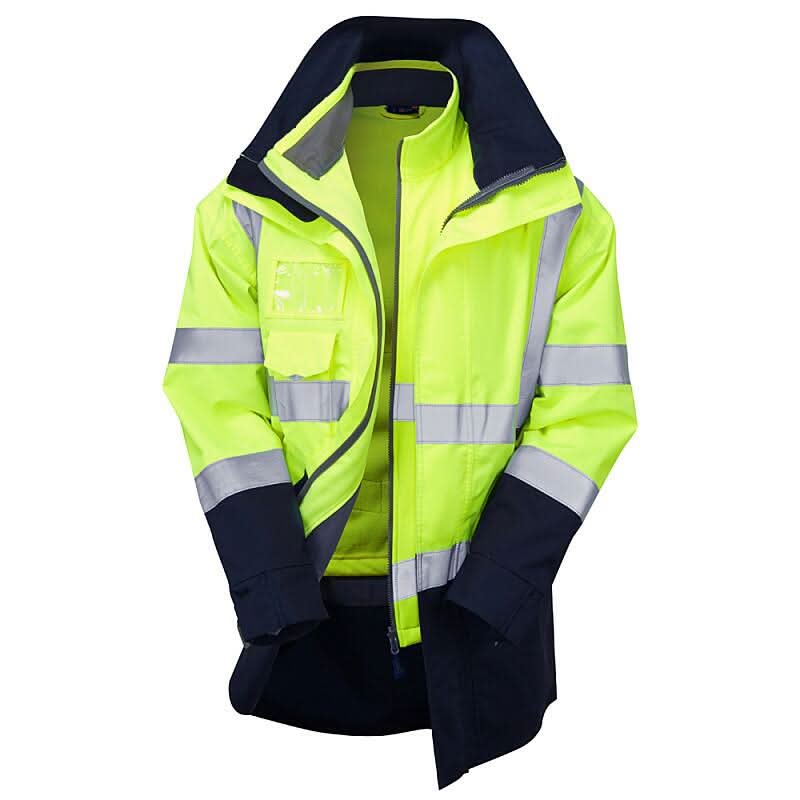 Leo 3 in 1 CLOVELLY Anorak CI3 with BUCKLAND Softshell Cl3 A04/SJ01 - Yellow Navy - Customisable Hi-Vis Bodywarmers