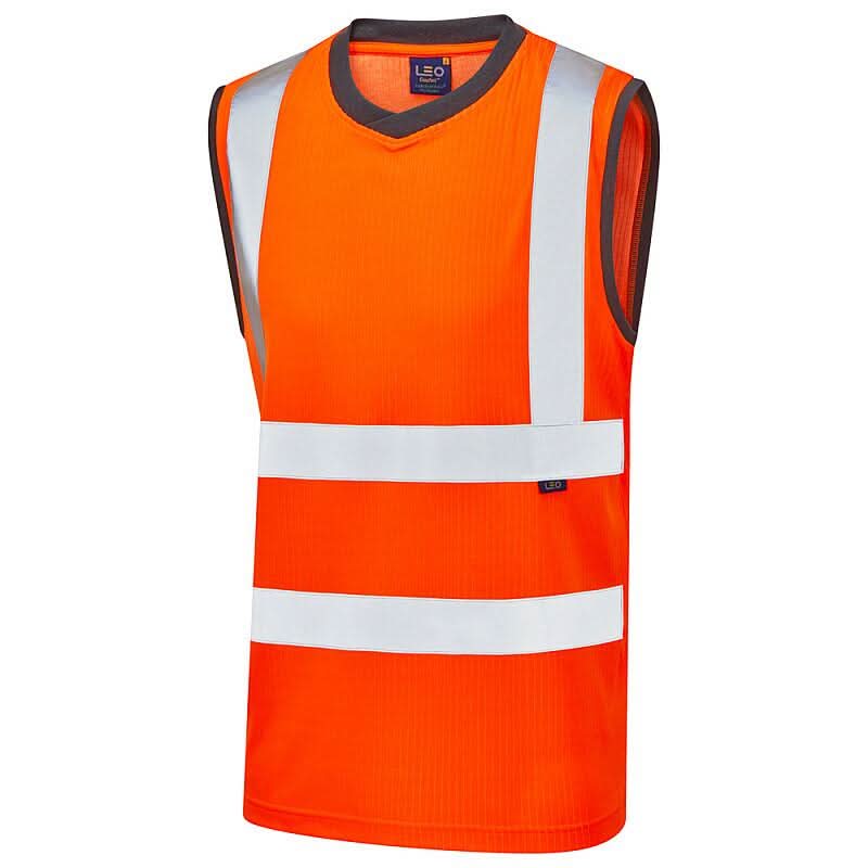 Leo Ashford ISO 20471 Class 2 Comfort EcoVizPB Sleeveless T Shirt V01 - Orange - Customisable Hi-Vis T-Shirts