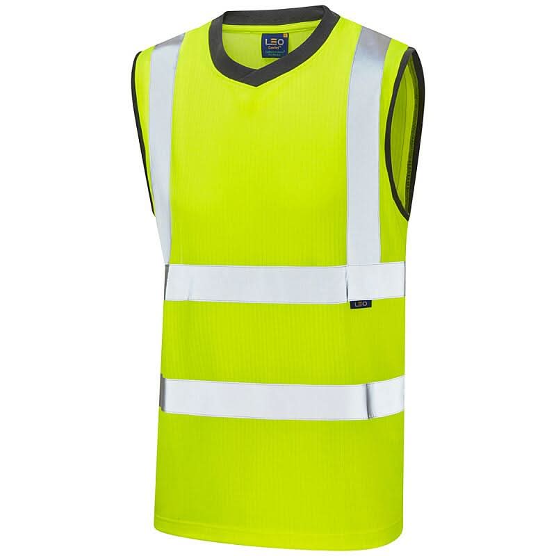 Leo Ashford ISO 20471 Class 2 Comfort EcoVizPB Sleeveless T Shirt V01 - Yellow - Customisable Hi-Vis T-Shirts