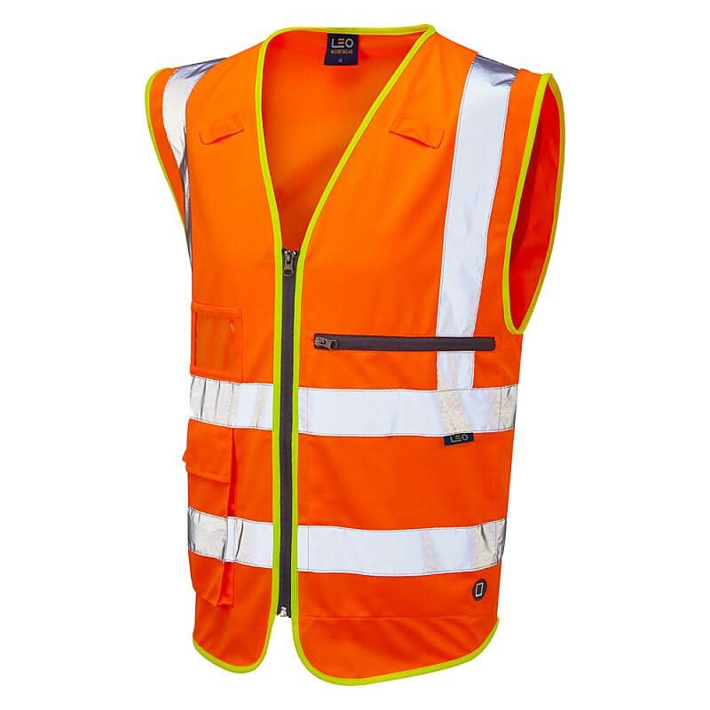 Leo Foreland ISO 20471 Cl 2 Superior Waistcoat with Tablet Pocket W24 - Orange - Customisable HV Vest