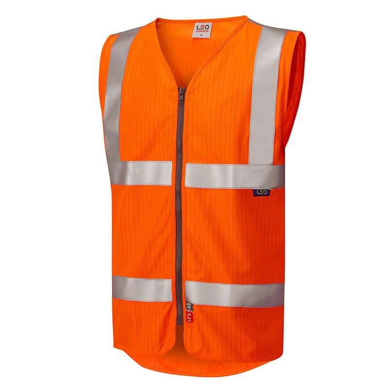 Leo Jacobstowe ISO 20471 Cl 2 LFSAS Waistcoat Zip EN 14116EN 1149 W25 - Orange - Customisable HV Vest