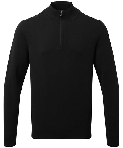 Asquith &amp; Fox Mens cotton blend zip sweater AQ048 - Black - Customisable Knitted Jumpers