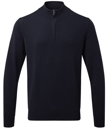 Asquith &amp; Fox Mens cotton blend zip sweater AQ048 - French Navy - Customisable Knitted Jumpers