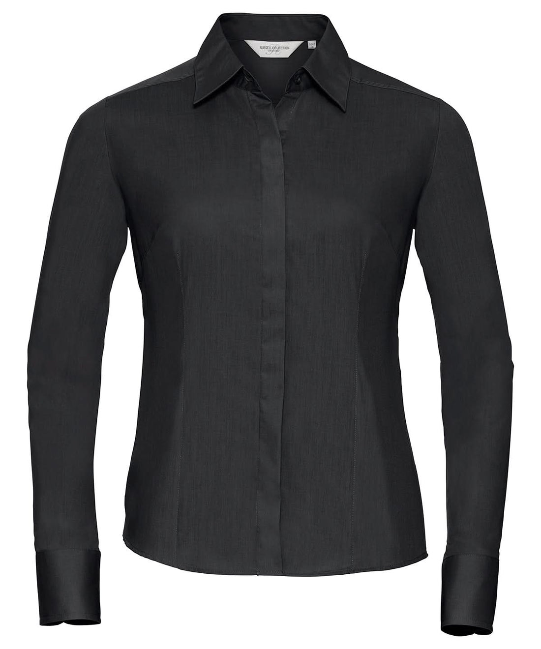 Russell Collection Womens long sleeve polycotton easycare fitted poplin shirt J924F - Black - Customisable Shirts
