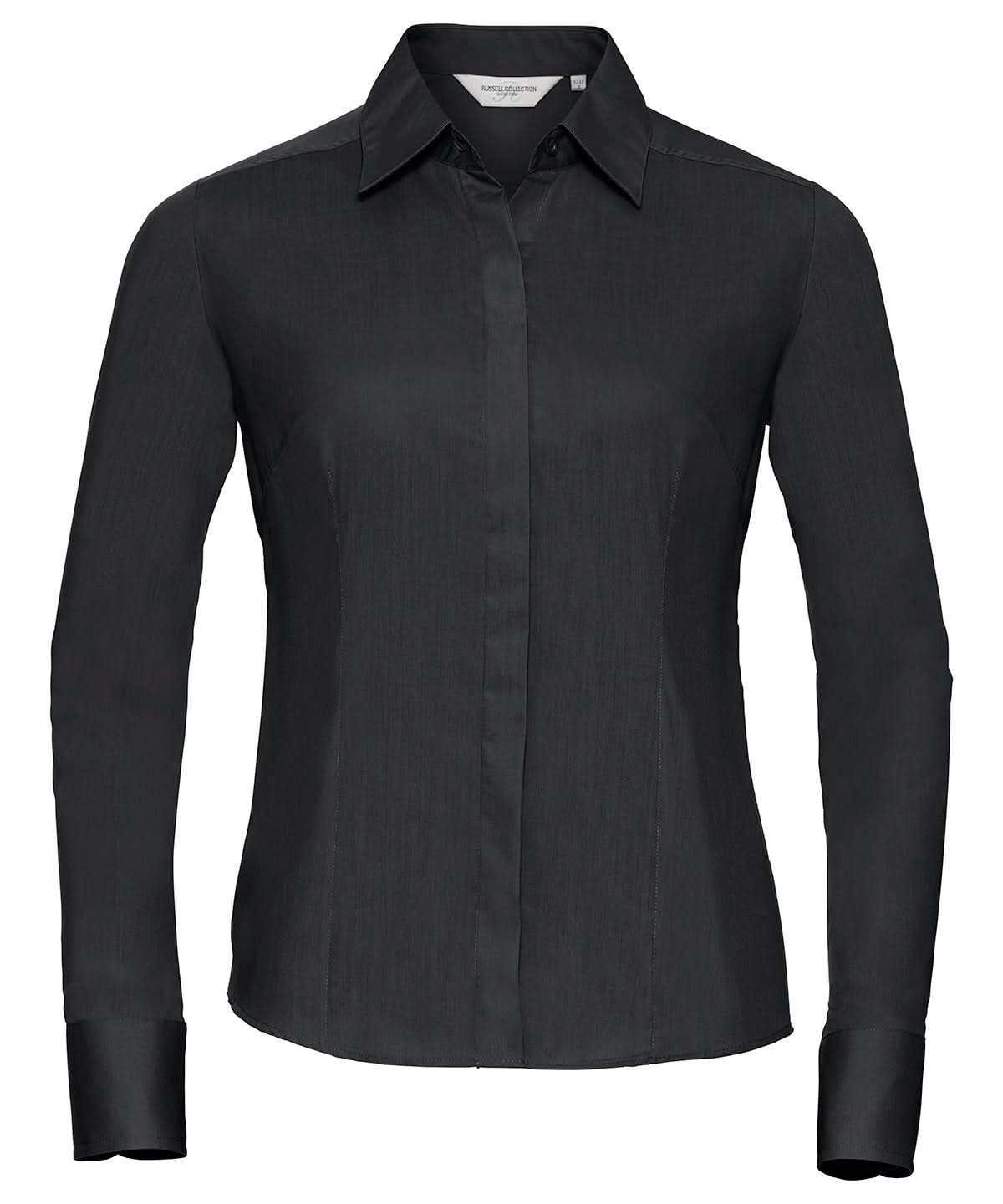 Russell Collection Womens long sleeve polycotton easycare fitted poplin shirt J924F - Black - Customisable Shirts