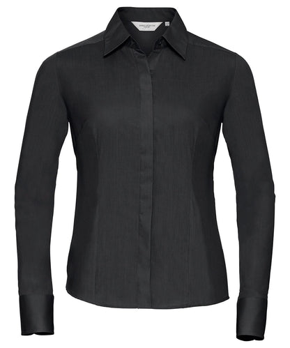 Russell Collection Womens long sleeve polycotton easycare fitted poplin shirt J924F - Black - Customisable Shirts
