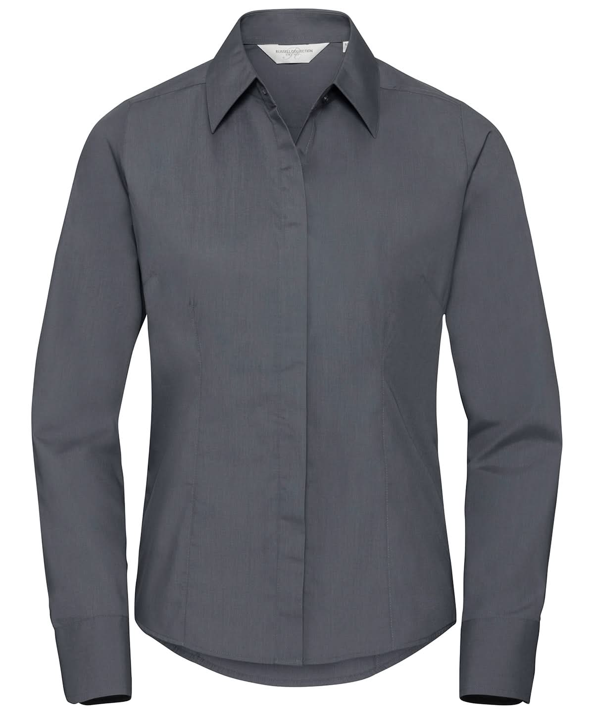Russell Collection Womens long sleeve polycotton easycare fitted poplin shirt J924F - Convoy Grey - Customisable Shirts