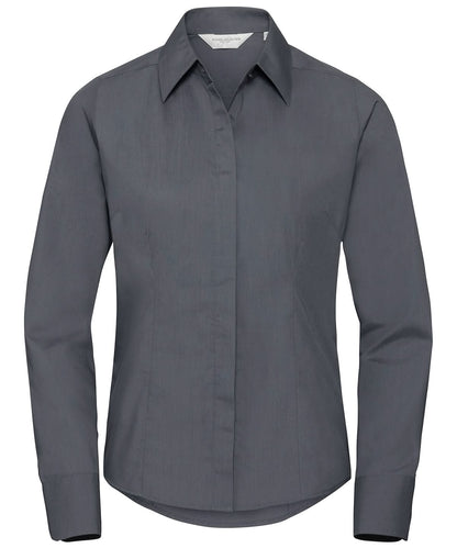 Russell Collection Womens long sleeve polycotton easycare fitted poplin shirt J924F - Convoy Grey - Customisable Shirts