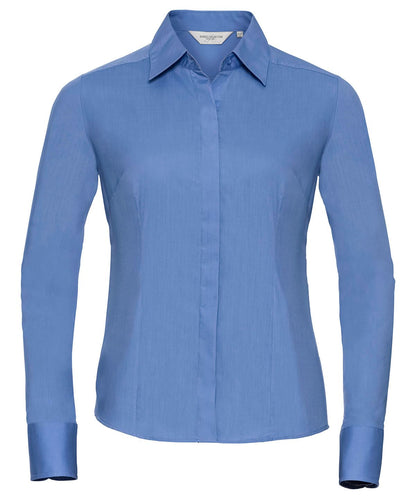 Russell Collection Womens long sleeve polycotton easycare fitted poplin shirt J924F - Corporate Blue - Customisable Shirts
