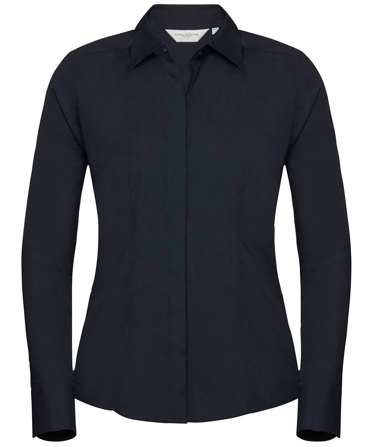Russell Collection Womens long sleeve polycotton easycare fitted poplin shirt J924F - French Navy - Customisable Shirts
