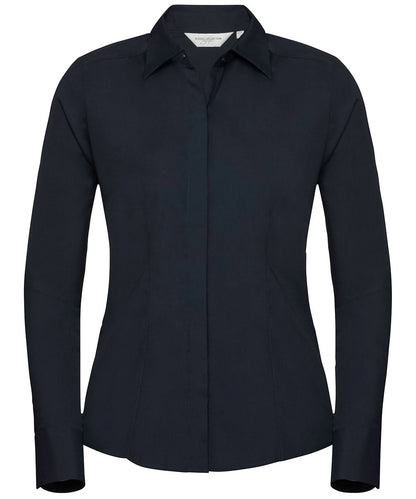 Russell Collection Womens long sleeve polycotton easycare fitted poplin shirt J924F - French Navy - Customisable Shirts