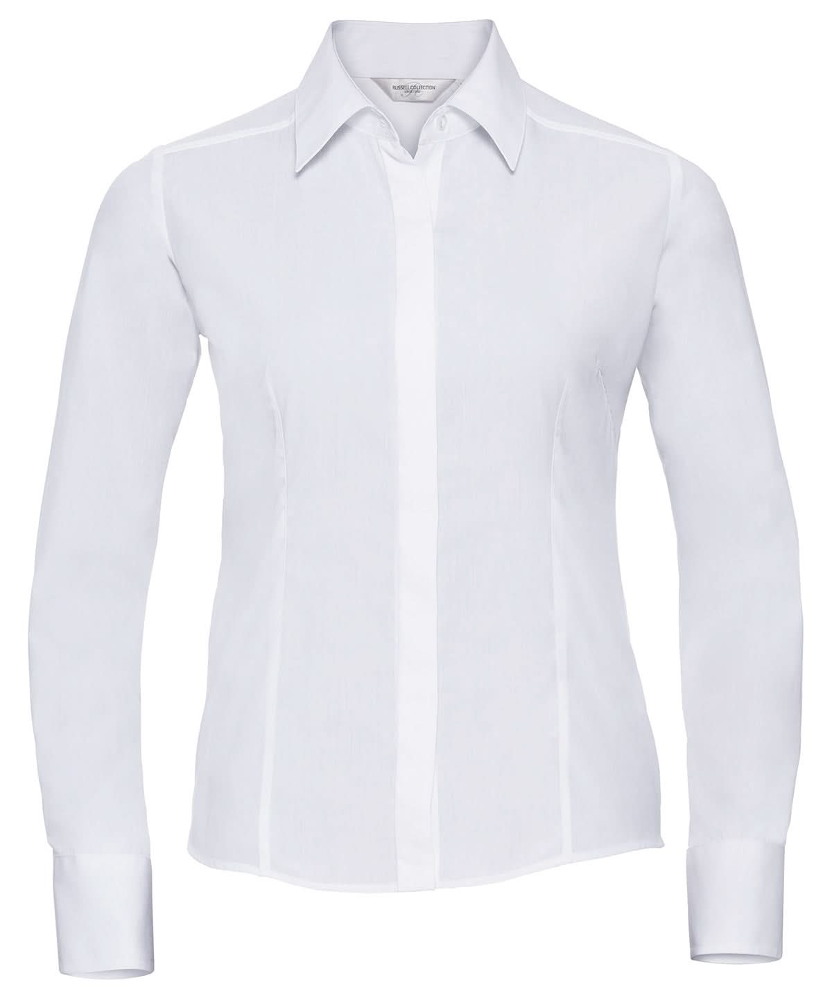 Russell Collection Womens long sleeve polycotton easycare fitted poplin shirt J924F - White - Customisable Shirts