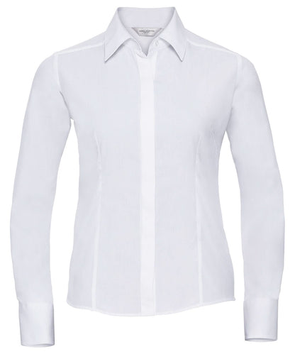Russell Collection Womens long sleeve polycotton easycare fitted poplin shirt J924F - White - Customisable Shirts