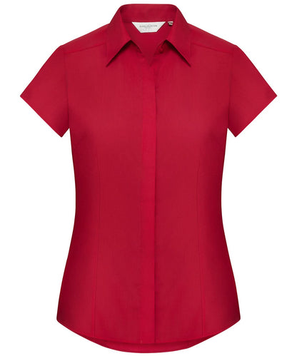 Russell Collection Womens cap sleeve polycotton easycare fitted poplin shirt J925F - Classic Red - Customisable Shirts